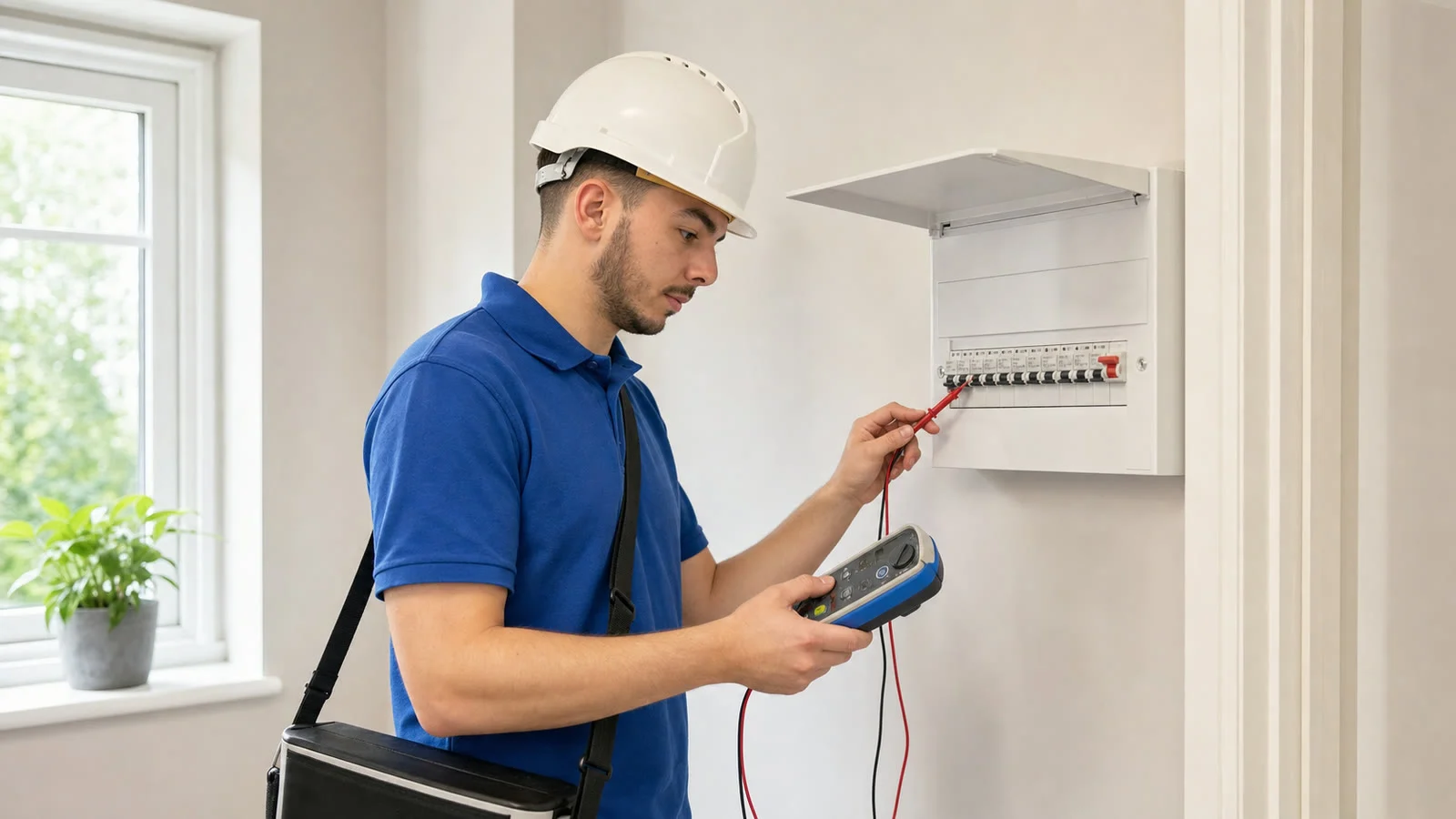 Electrician testing a domestic consumer unit during electrical fault finding by Lighting Electrical