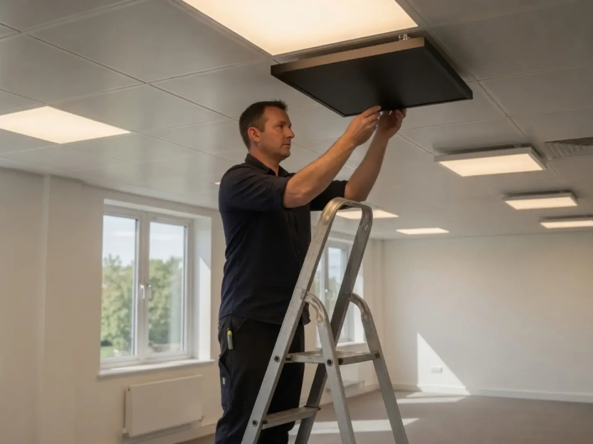 Lighting Electrical tradesperson fitting a ceiling light panel in an office by Lighting Electrical