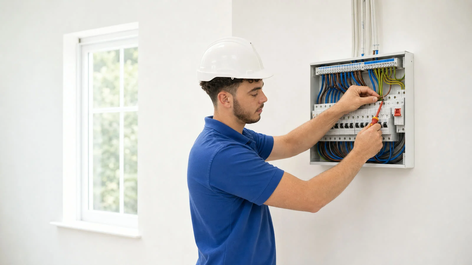 Open consumer unit showing circuit breakers and wiring by Lighting Electrical
