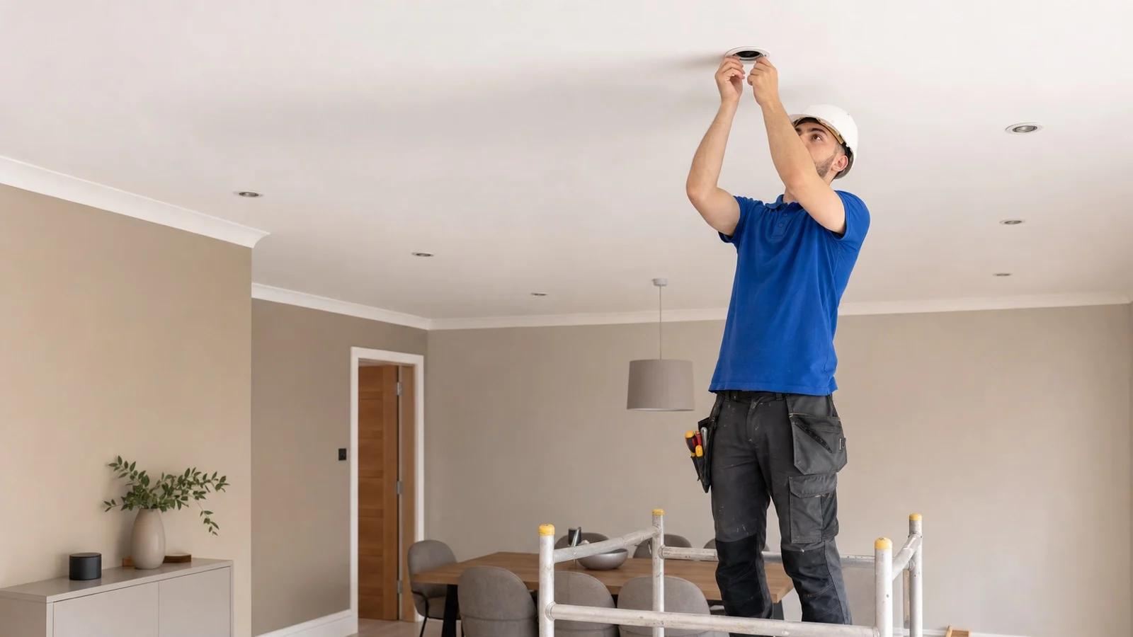 Recessed LED downlights and a pendant light fitted in a finished room by Lighting Electrical