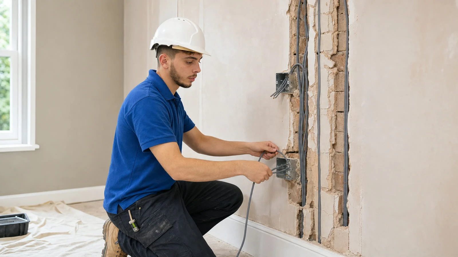 New electrical cabling run through a stripped-back wall during a rewire by Lighting Electrical